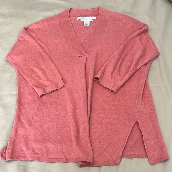 Max Studio szL peachy orangey color 100% linen LS V neck lightweight sweater EUC - Picture 3 of 8